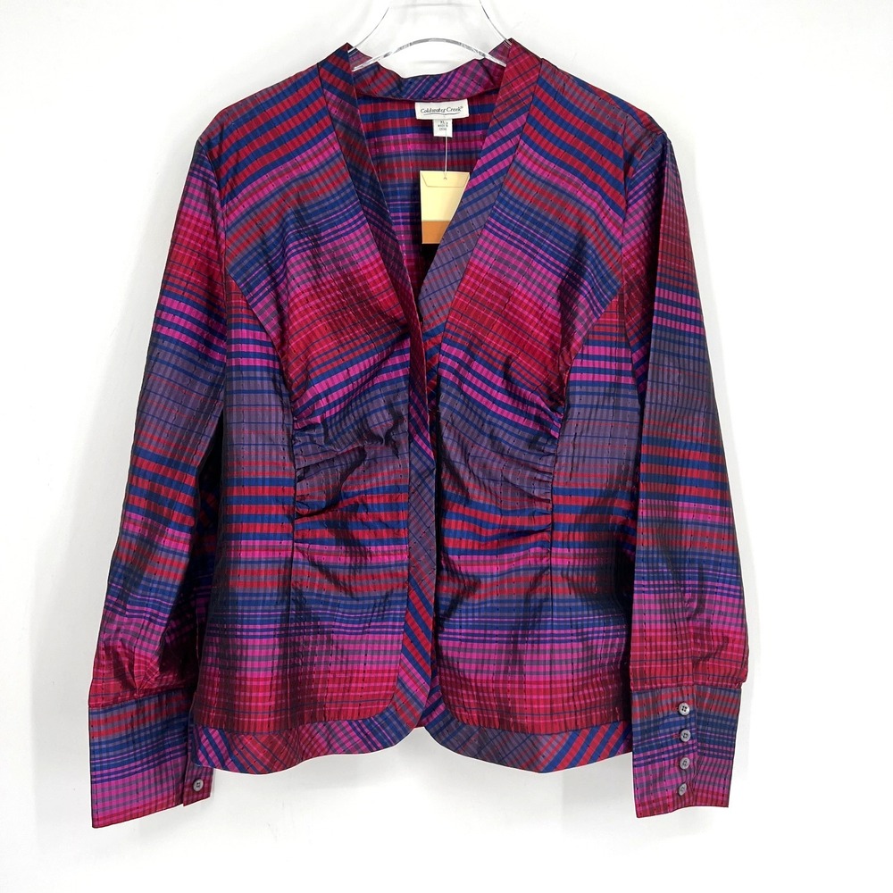 Vtg Coldwater Creek Top Womens XL Silk Zip Front Bias Plaid Artsy Retro Colorful